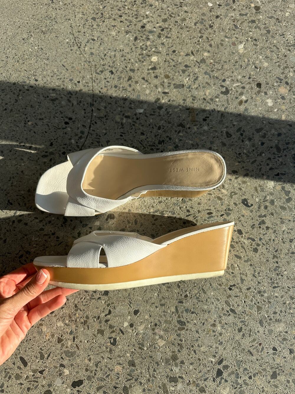 Nine West Women's 10 Sandals White Leather Wedge Slide Sandals Y2K